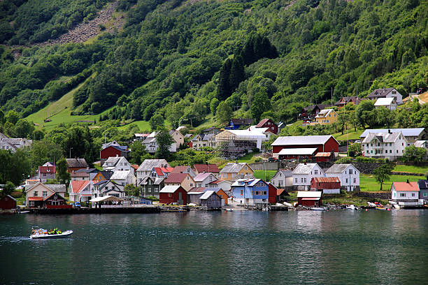 Sognefjord, Norway - 25 Jun 2012: The small village on Sognefjord, Norway