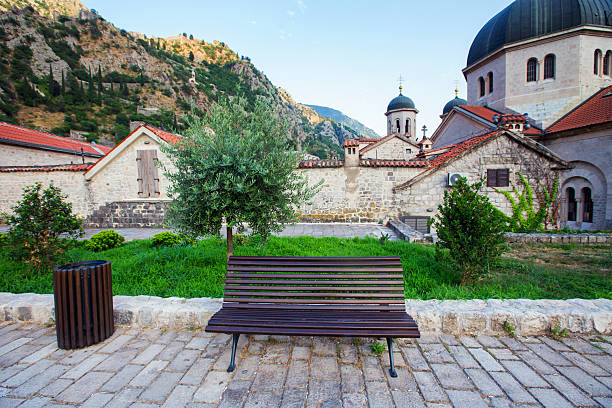 Empty bench in old town of Kotor, Montenegro