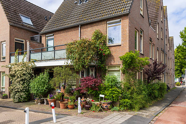 Urban greening in front of modern hosues in Leiden in South-Holland in The Netherlands