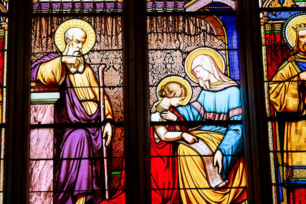 Quimper, finistere, brittany, france, june 26, 2025 : details of stained glasses windows in  Saint Corentin cathedral by anonymous various master glassmaker workshops, 19th century