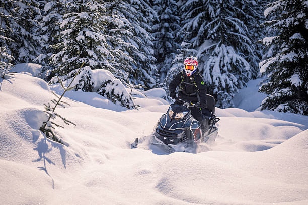istock Snowmobiler rides through fresh snow in forest, Whistler 2246335737