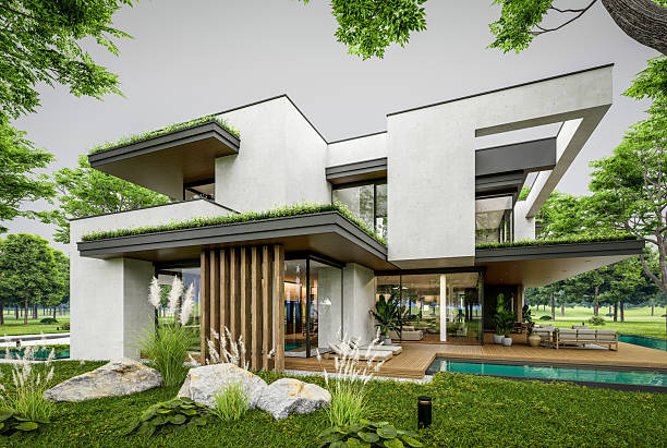 istock 3d rendering of two-story house with concrete facade overcast 2246336316