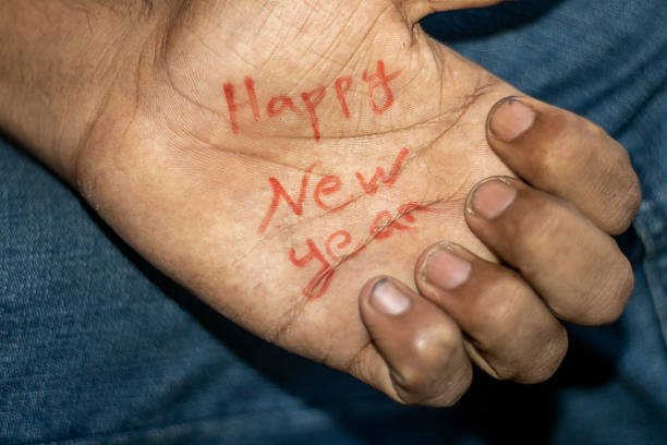 istock Happy new year message written in red ink on a persons palm 2246338329