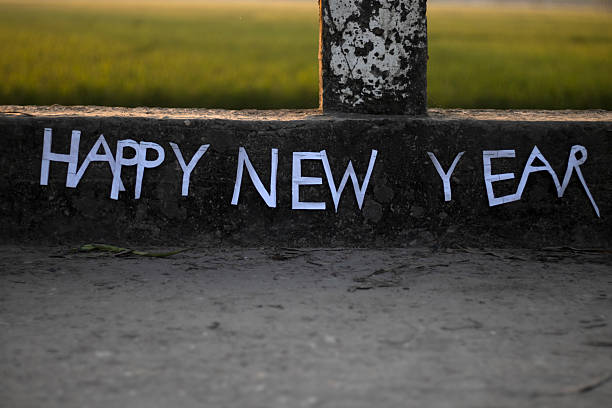White text spelling 'Happy New Year' is painted on a dark, rough concrete surface, possibly a wall or ledge, with a blurred grassy background.