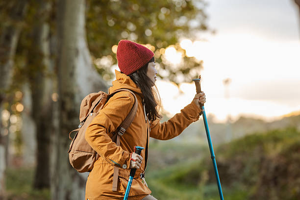 istock Autumn hike: Woman hiker with backpack on forest trail using trekking poles in warm gear 2246341792