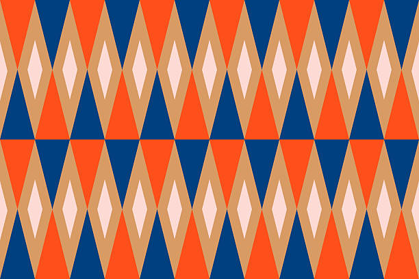 Bold geometric background featuring a seamless pattern of diamond and triangle shapes in warm orange, navy blue, and beige tones. The retro-inspired design adds a stylish vintage touch, ideal for wallpapers, fabric prints, or digital backgrounds.