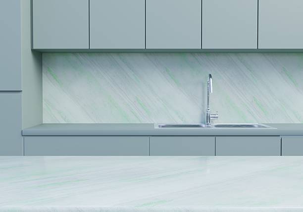 istock Light Grey contemporary kitchen background. Silver sink. Minimal elegant trendy kitchen. 3d rendering. 2246343273