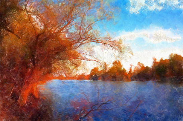 istock Oil landscape painting showing forest trees beside river 2246343768