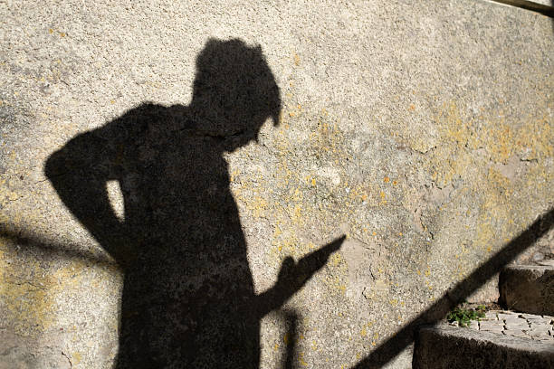 istock Woman looking for something on phone, shadow on the wall 2246346365
