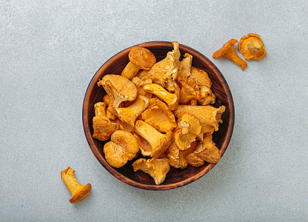 istock Fresh chanterelle mushrooms in a a rustic bowl on gray background table top view 2246357283