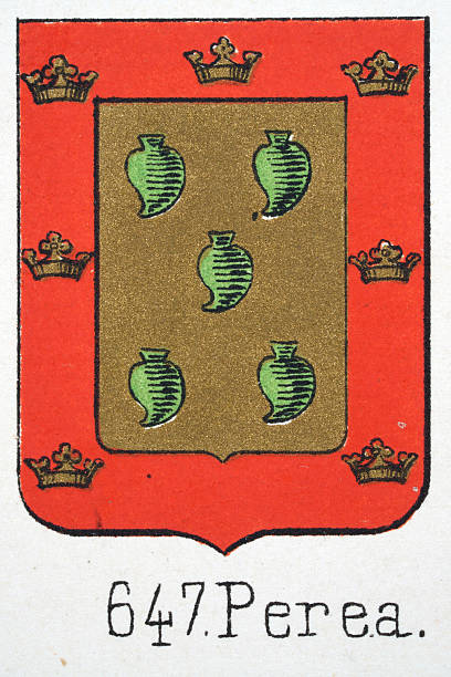 istock Medieval heraldry, Coat of arms, Shield with, Five, Green, Heart, Gold, Crown, Red, Border, Spanish, Vintage illustration 2246357996