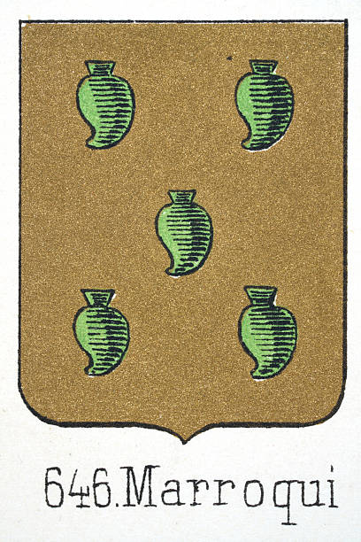 istock Medieval heraldry, Coat of arms, Shield with, Five, Green, Hearts, Gold, Spanish, Vintage illustration 2246358010