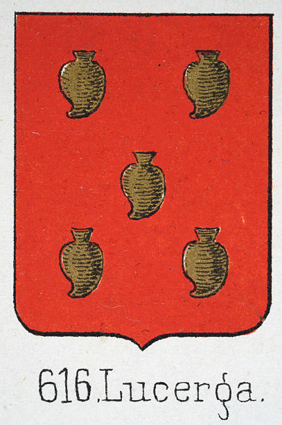istock Medieval heraldry, Coat of arms, Shield with, Five. Gold, Hearts, Red, Spanish, Vintage illustration 2246358079