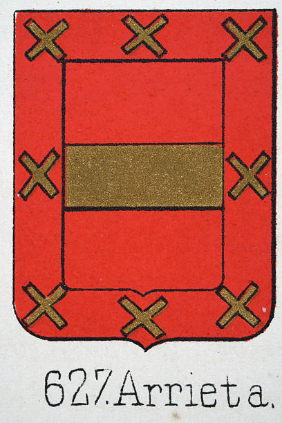 istock Medieval heraldry, Coat of arms, Shield with, Gold, Stripe, Red, Cross, Spanish, Vintage illustration 2246358259