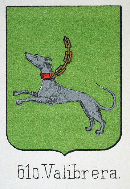 Medieval heraldry, Coat of arms, Shield with, Silver, Hound, Dog, Chain, Collar, Green, Spanish, Vintage illustration