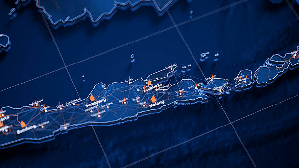 istock Surabaya map big data visualization. Futuristic map infographic of city in Indonesia. Visual map data complexity in modern blue and orange colors 2246360125