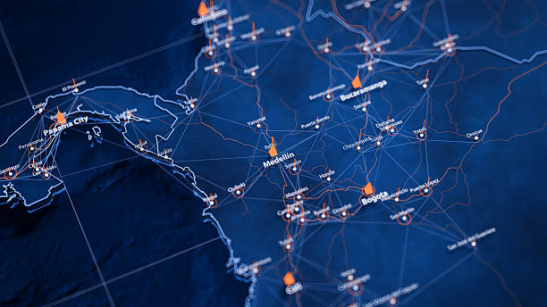 istock Medellin map big data visualization. Futuristic map infographic of city in Colombia. Visual map data complexity in modern blue and orange colors 2246360375