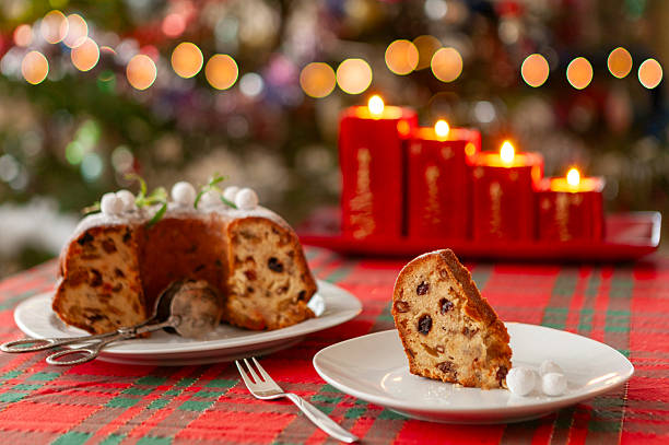 Christmas fruitcake on Christmas tree background