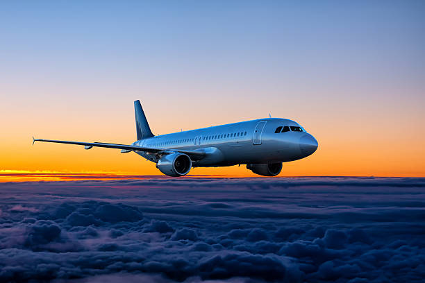 istock Passenger airplane is flying in the sunset sky 2246374020