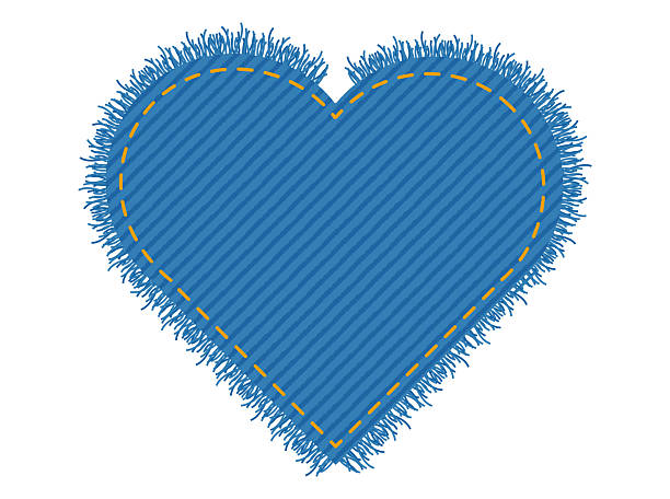 istock Patch denim heart shape with stitches seam torn Frayed edges jeans label fashion illustration. Flat apparel blue color 2246376914