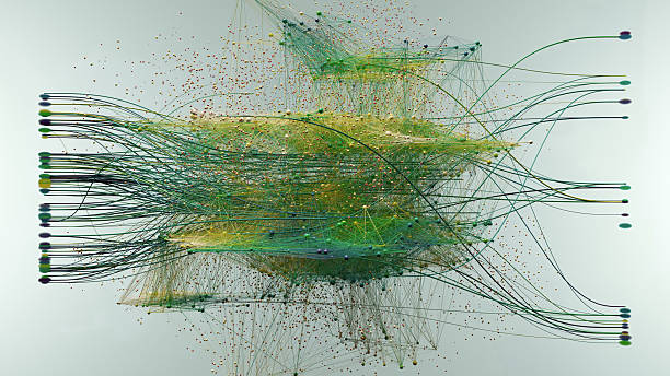 Complex Abstract Network Visualization Of Colorful Lines And Dots In Motion Across Grid