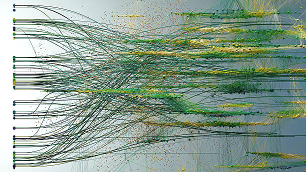 Complex Abstract Network Visualization Of Colorful Lines And Dots In Motion Across Grid