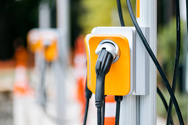 Freshly installed charging stations in their completed form for environmentally friendly clean energy.  Shot in Washington state.