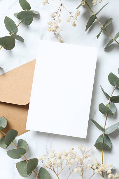 istock Blank card and eucalyptus branches on white wooden table, top view 2246393222