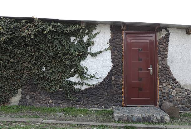 a whitewashed building wall with a dark round stone ornament and climbing evergreen ivy and a brown door, a fragment of the facade of a country house or outbuilding covered with bindweed