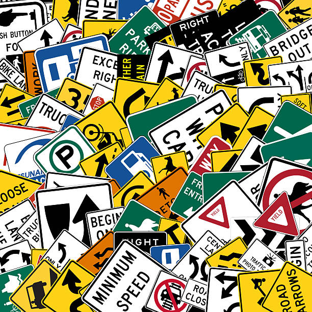 istock background of US standard road signs randomly scattered in various sizes and shapes for road education or driving school concept 2246399268
