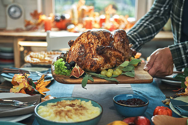 Having Stuffed Turkey for Thanksgiving Holiday Dinner with Vegetables, Mashed Potatoes and Cranberry Sauce