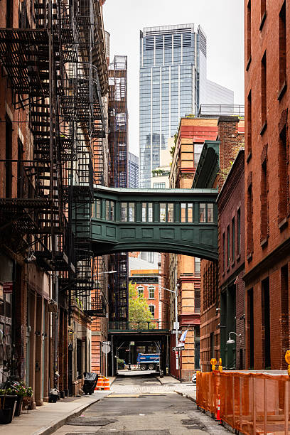 Staple Street Skybridge. Gazing down Staple Street in Manhattan, featuring a green skybridge connecting buildings and a modern skyscraper towering behind it.