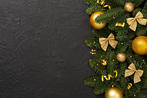 istock Christmas tree branches with festive decoration on concrete background, top view 2246427166