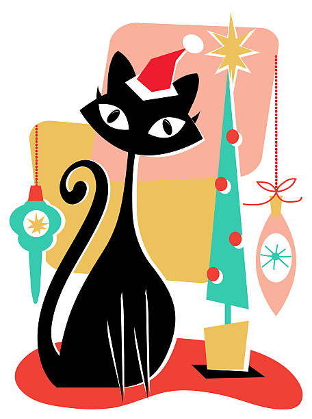 Vector illustration of a Vintage Merry Christmas Greeting in Retro MCM Mid century style cute black kitty cat and hanging tree ornaments.  Download includes vector eps and high resolution jpg.