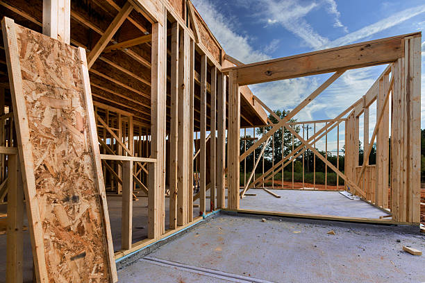 istock Construction site showing wooden framing in suburban area 2246436977