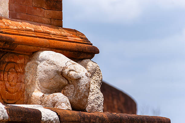 Montreal, Canada - July 5, 2024. Lion statue at Chinese Garden in Montreal Botanic Garden, Montreal, Quebec, Canada