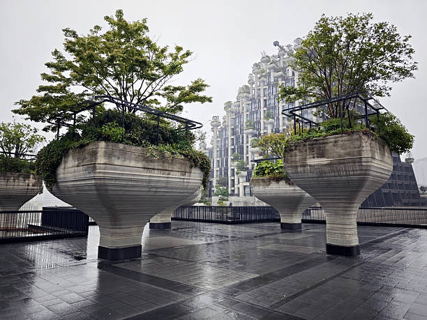 View at Tian An 1000 Trees, Putuo district of Shanghai, China. It is a mixed-use development designed by Heatherwick Studio that features a unique architecture with over 1,000 trees and 250,000 plants covering its \
