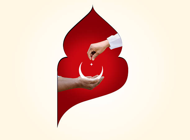 Eid al-Fitr and Ramadan concept background. Giving zakat or sadaqah to poor people Islamic concept background.