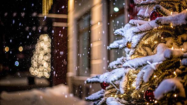 istock Christmas tree with snow on branches and garland 2246456188