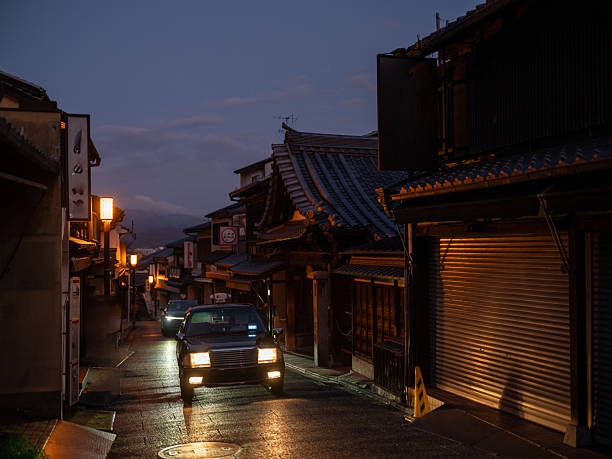 Scenic illuminated street in  Higashiyama District in Kyoto during experiential trip to Japan