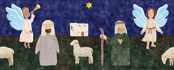 istock Nativity shepherds, angels, Bethlehem house and sheep. Hand-painted watercolor seamless border on dark background. 2246468769