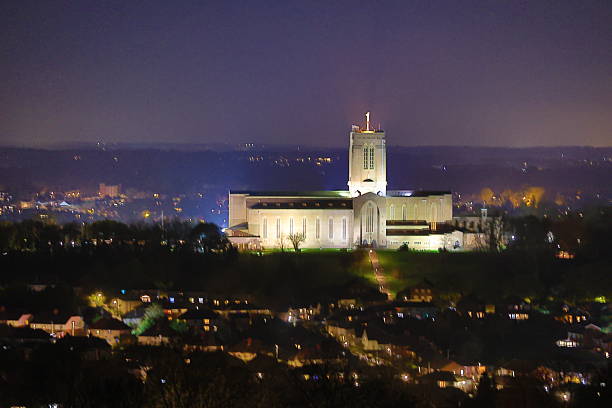The illuminated Guildford Cathedral Surrey England Europe