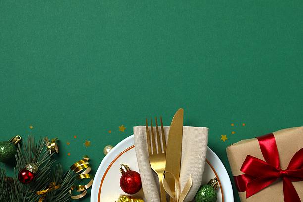 istock Top view of New Year table setting on dark background 2246475130