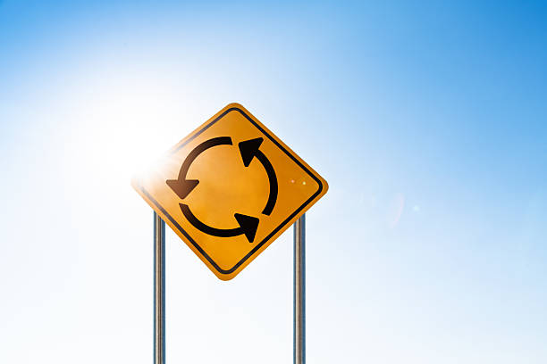 Roundabout traffic sign with blue sky background