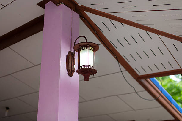 Brown lamp installed on the house pole
