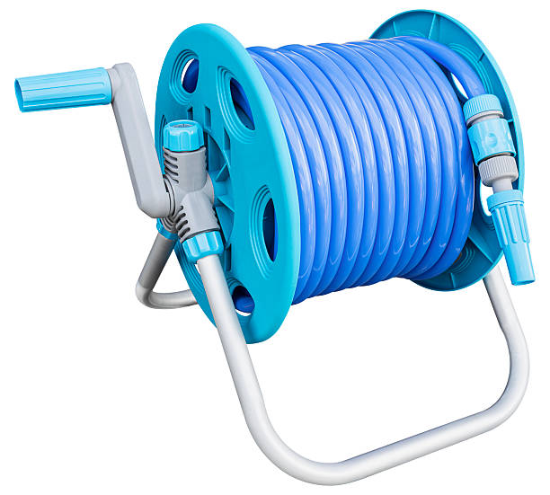 istock Hose reel with blue rubber tube isolated on white background with clipping path 2246481536