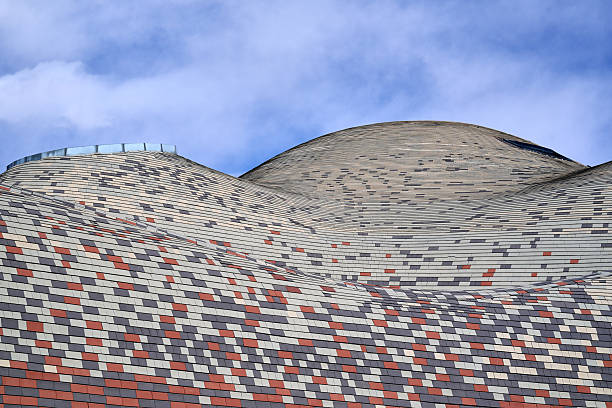 Close-up of the curved church building