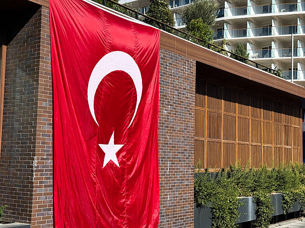 istock Turkish national flag hanging on building facade in luxury shopping complex 2246486663