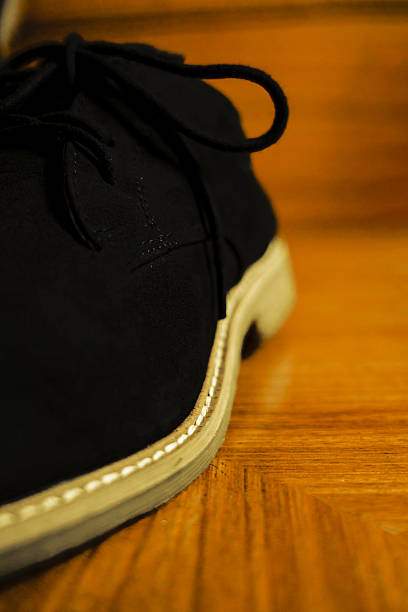 istock Black Shoes Close-Up on Wood Pattern Background 2246488252