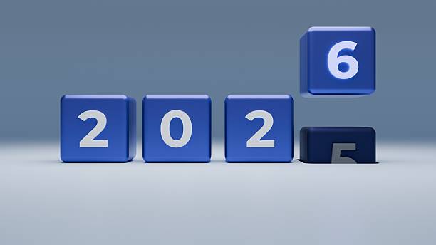 istock Blue Cubes Forming 2026 With 5 Falling down and 6 Appearing For Modern New Year Visual 2246496175